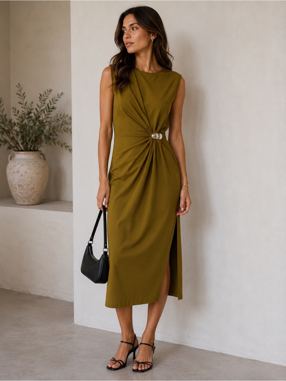 Zara Draped Midi Dress Olive Green Silver Hardware Sleeveless Minimalist Chic M - Picture 1 of 13